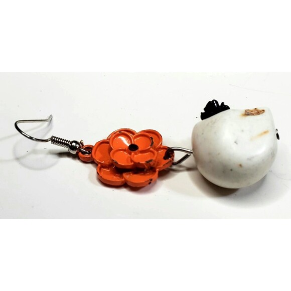 Gothic Dia De Los Muertos Skull Earrings Orange Marigold Floral Dangle Boho - Picture 3 of 8